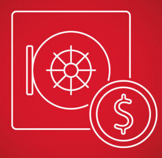 a digital photo of a cash vault on a red background with a dollar sign next to it